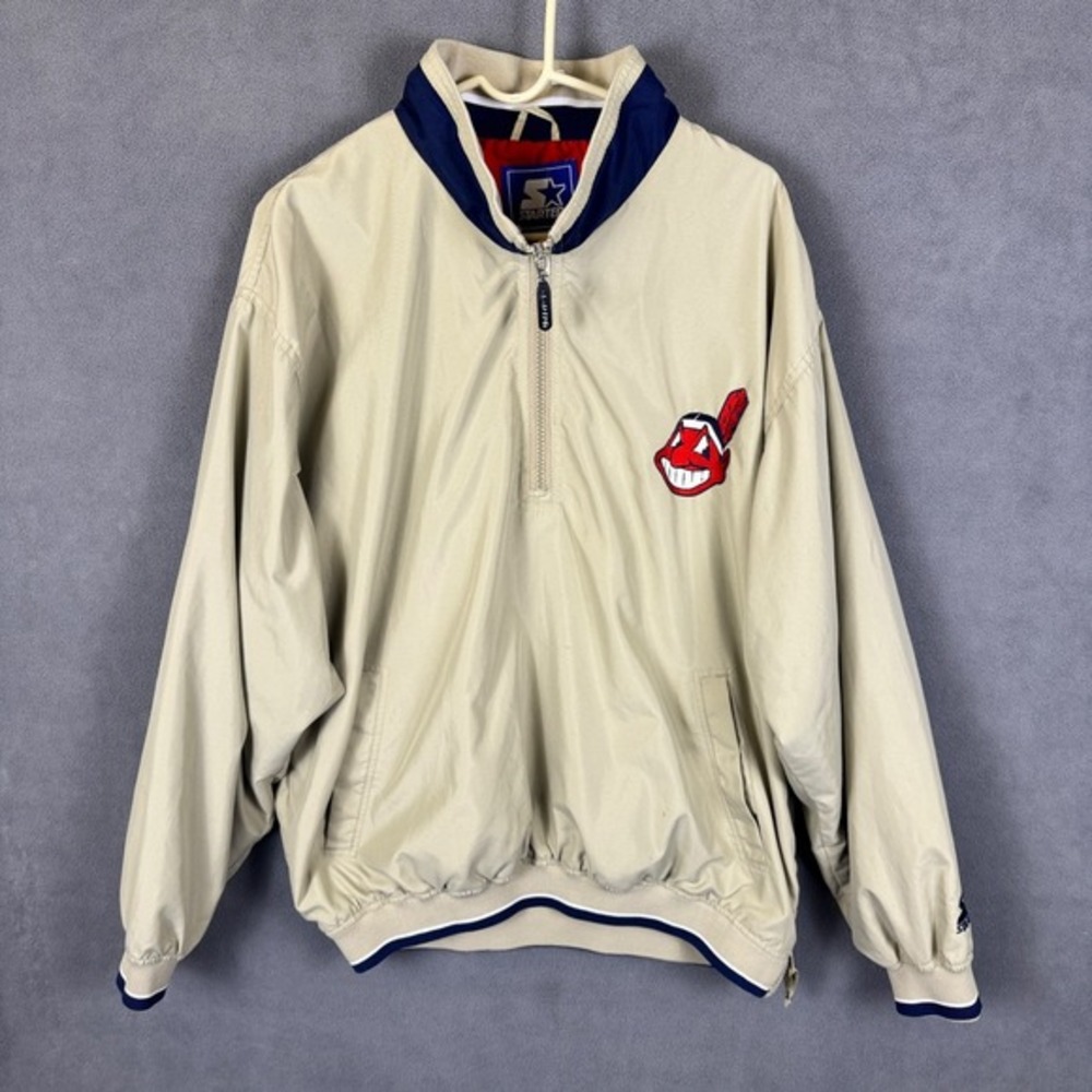 Cleveland Indians Jacket Men XL MLB Baseball Starter Vintage 90s Tan Wahoo Read!